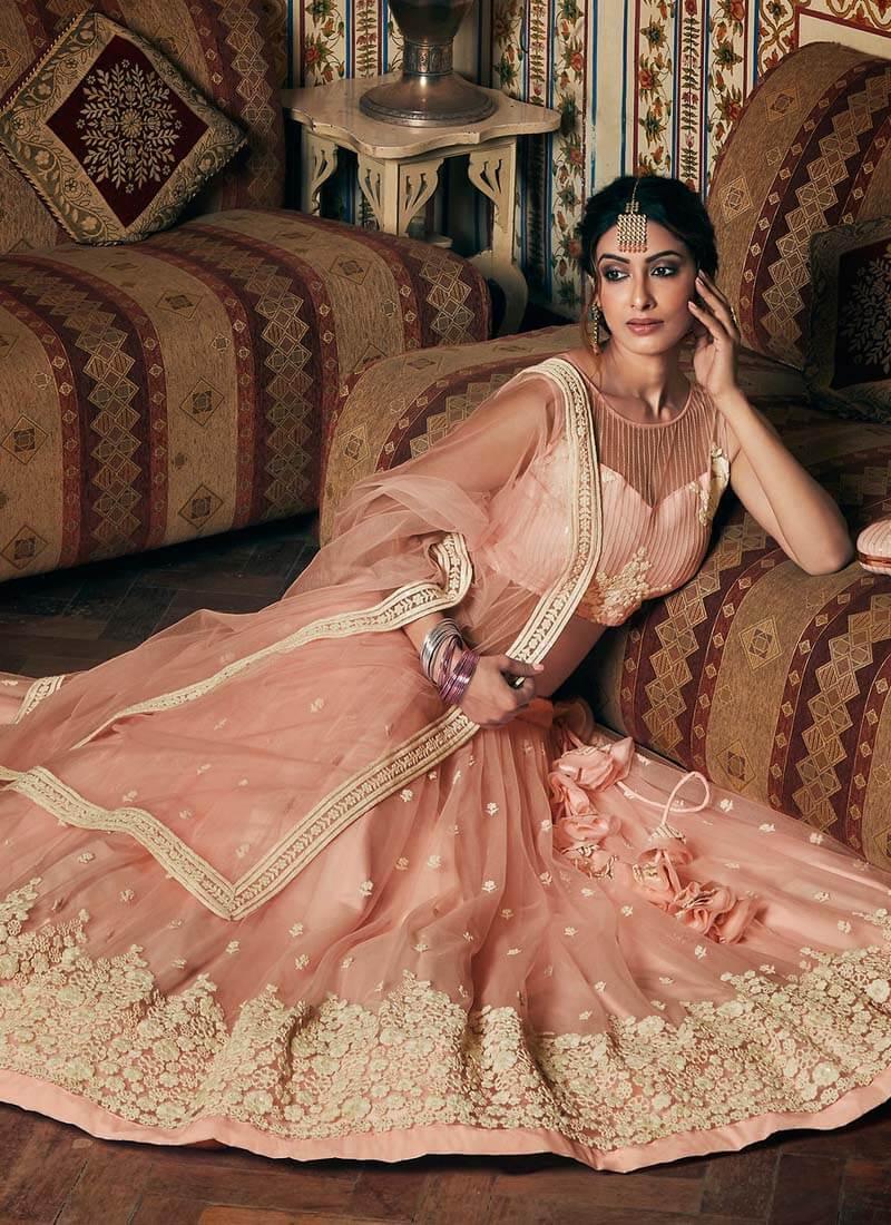 Fabulous Peach Color Soft Net Base Heavy Work Wedding Wear Lehenga Choli Largest Supplier Online