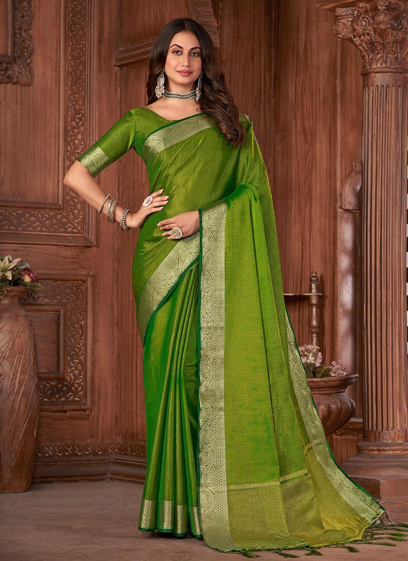 Two Tone Style Light Green Linen Saree Discount Pices