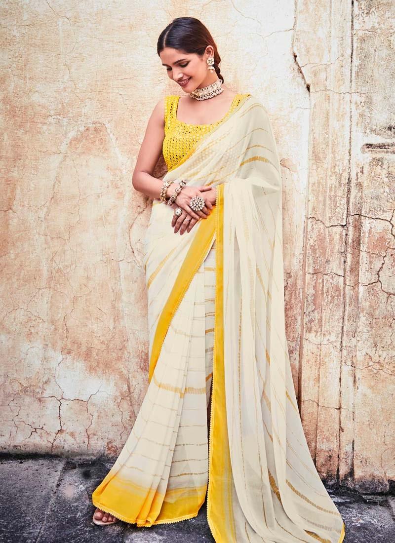 Georgette Fabric White Color Half And Half Saree With Mirror Work Blouse Outlet Original