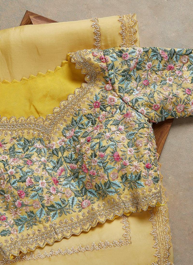 Heavy Embroidered Blouse Yellow Organza Saree Cheap Sale View