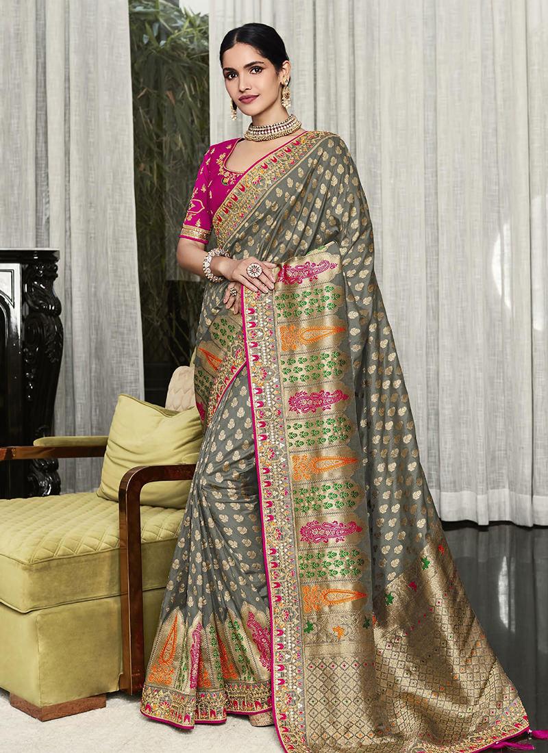 Heavy Work Grey Color Dola Silk Saree Limited Edition Online