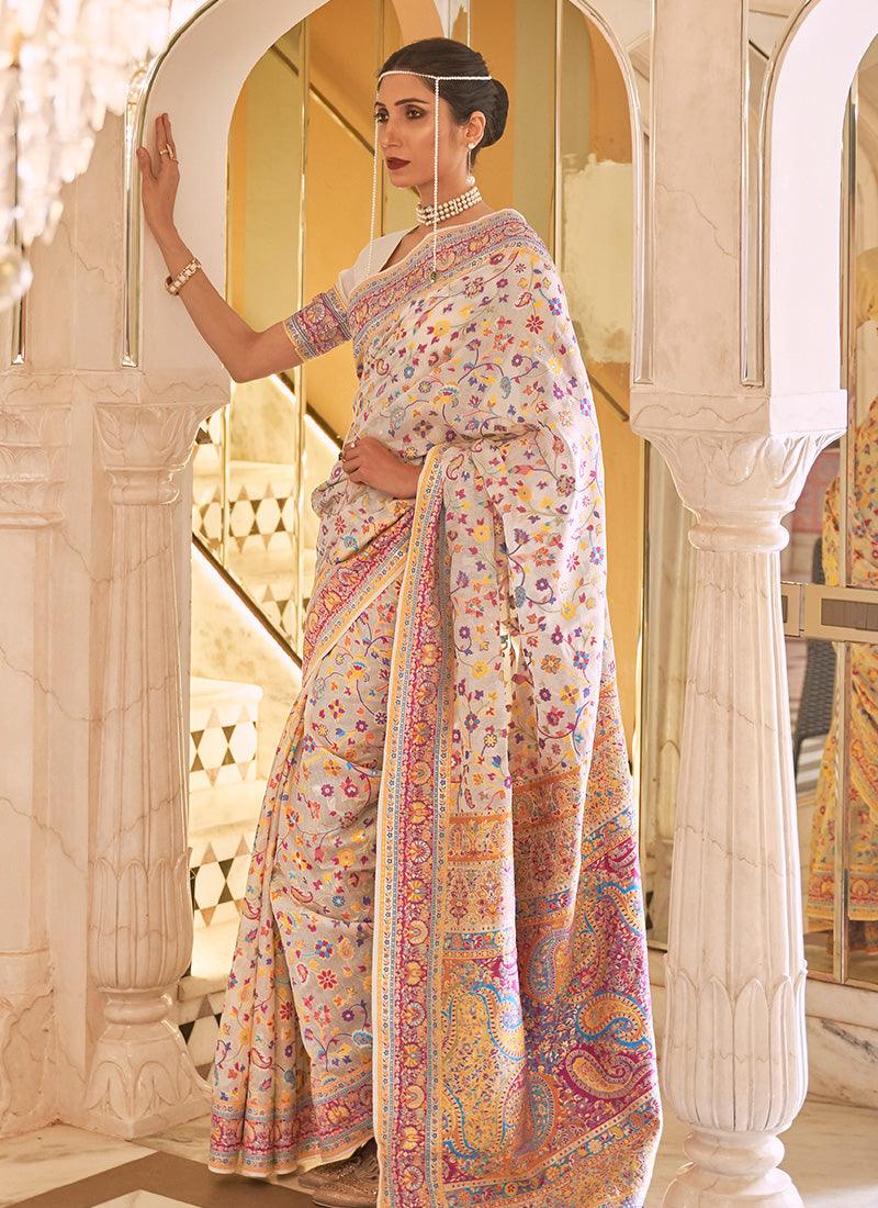 Light Beige Printed Occasional Floral Saree Cheap Professional