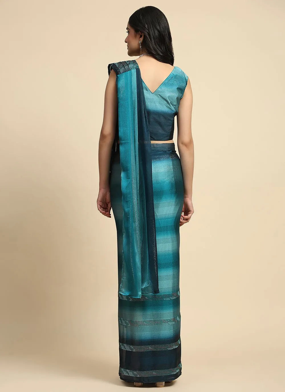 Smalt Blue Pure Satin Silk Stone Lace Border Worked Ready To Wear Saree Best Wholesale Online