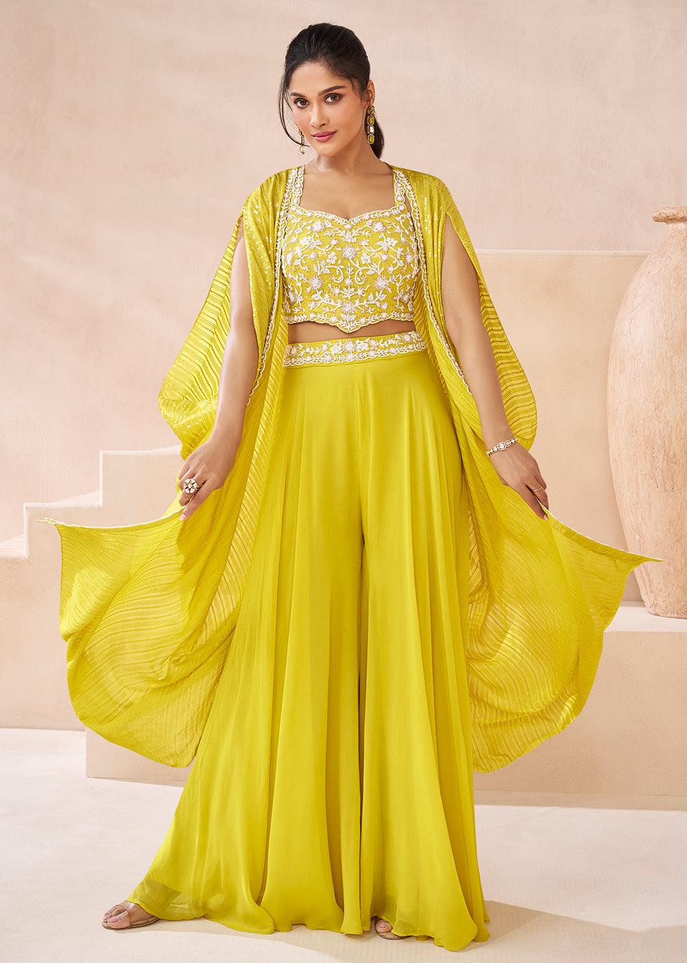 Yellow Georgette Zari Thread Sequins Worked Top Palazzo Shrug Suit Clearance Pick A Best