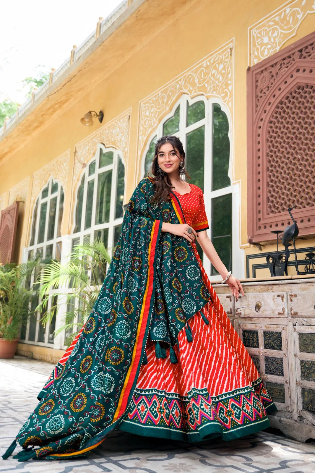 Navratri Wear Tussar Silk Leheriya Printed Lehenga Choli Set Sale Visit