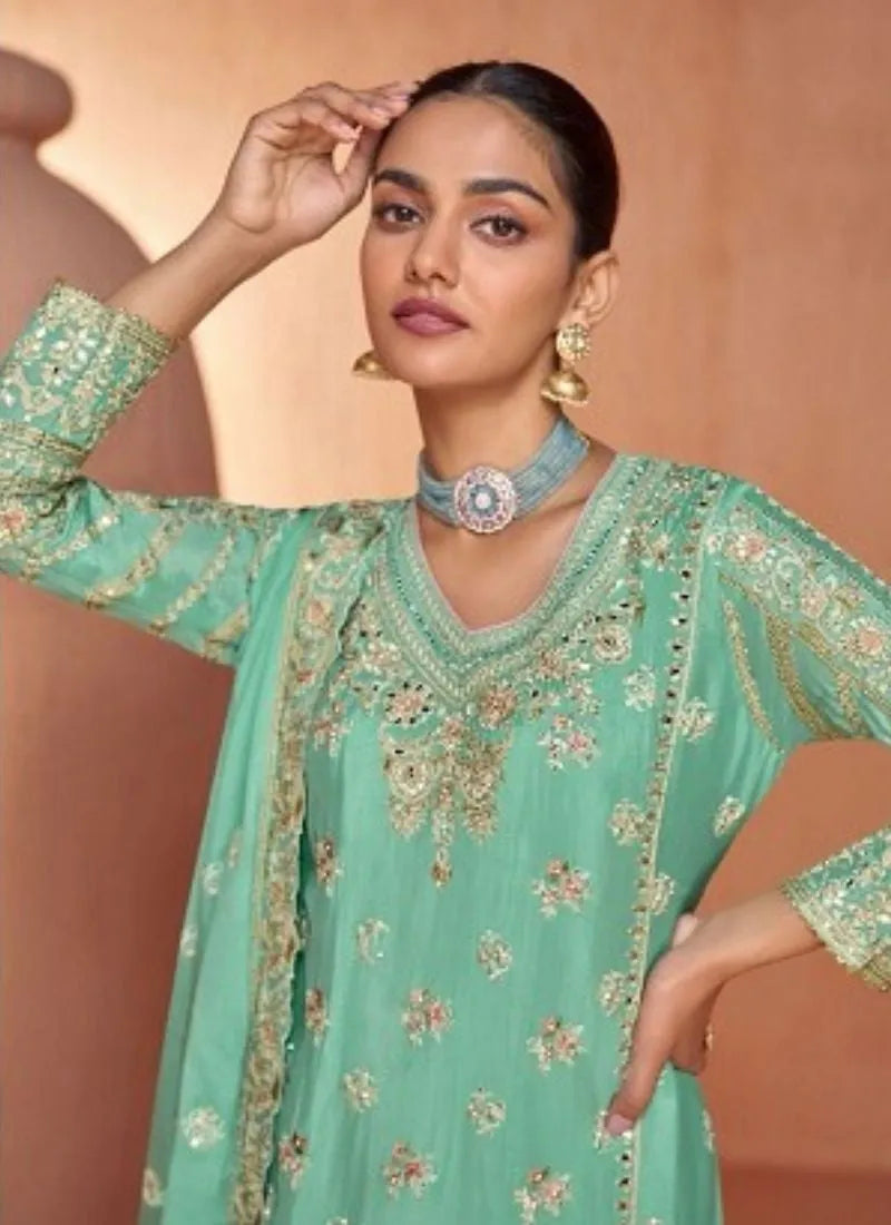 Stunning Heavy Embroidered Chinon palazzo suit in Sea Green Low Pice Fee Shipping For Sale