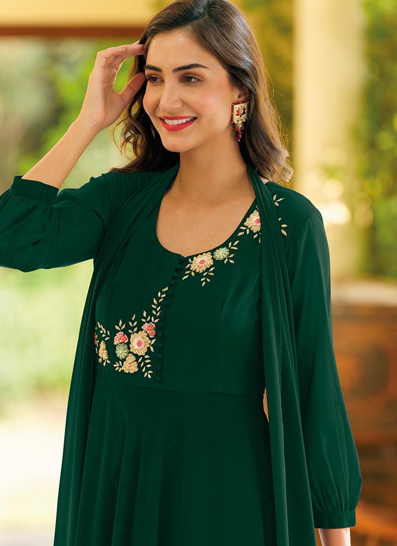 Hand Work Dark Green Georgette Kurti Discount Fast Delivery