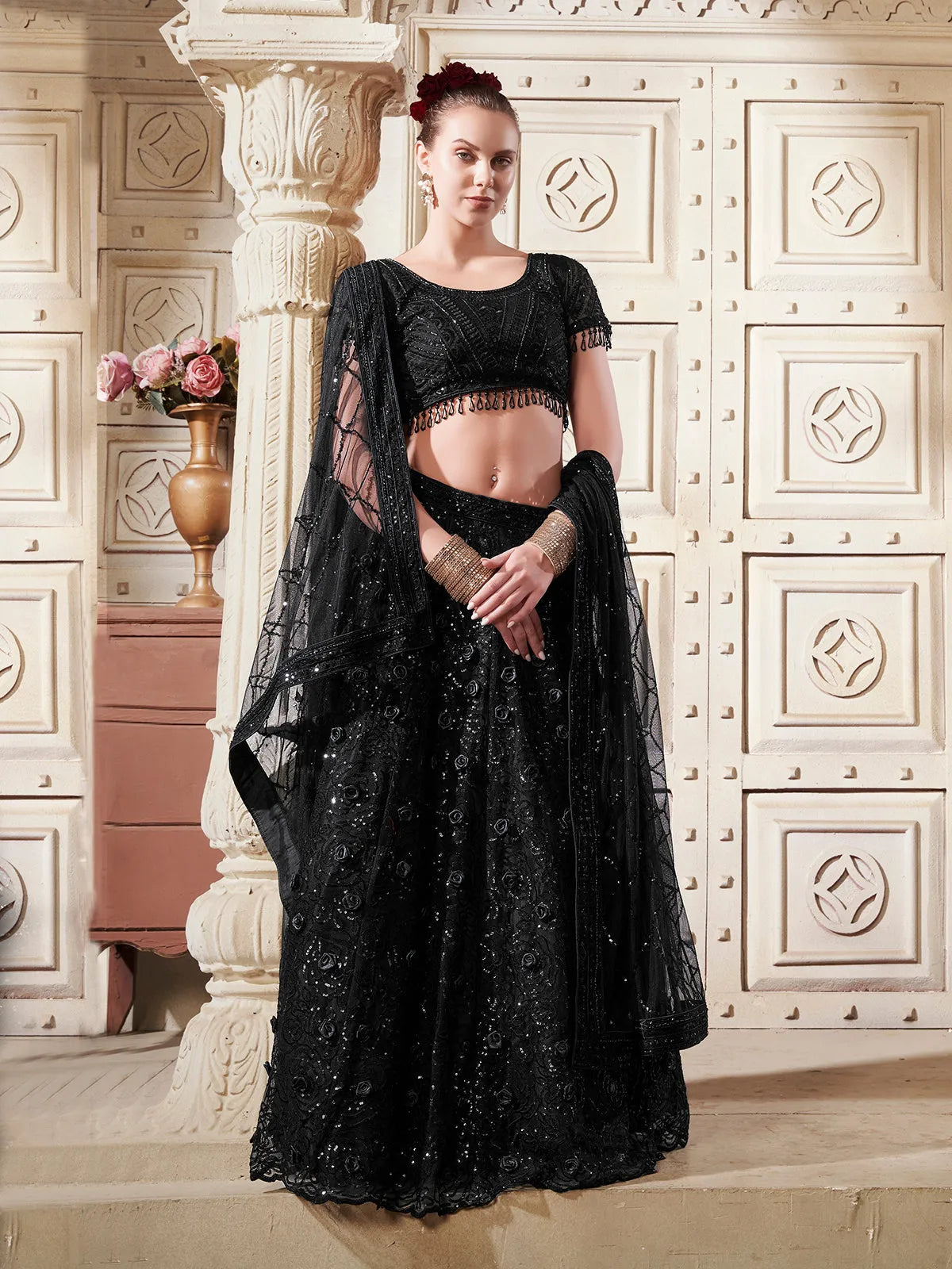 Black Floral  Net Lehenga Set For Bridal Wear With Mastercard