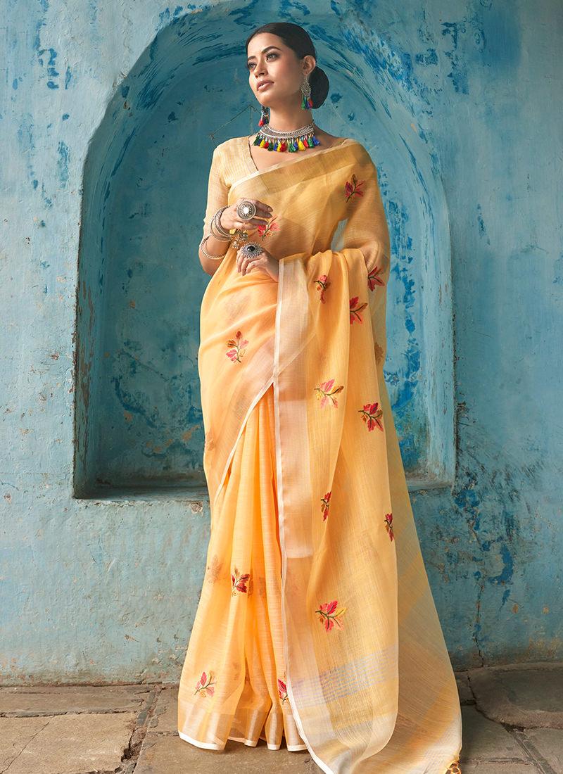 Yellow Linen Saree With Elbow Sleeves Blouse Free Shipping Fast Delivery