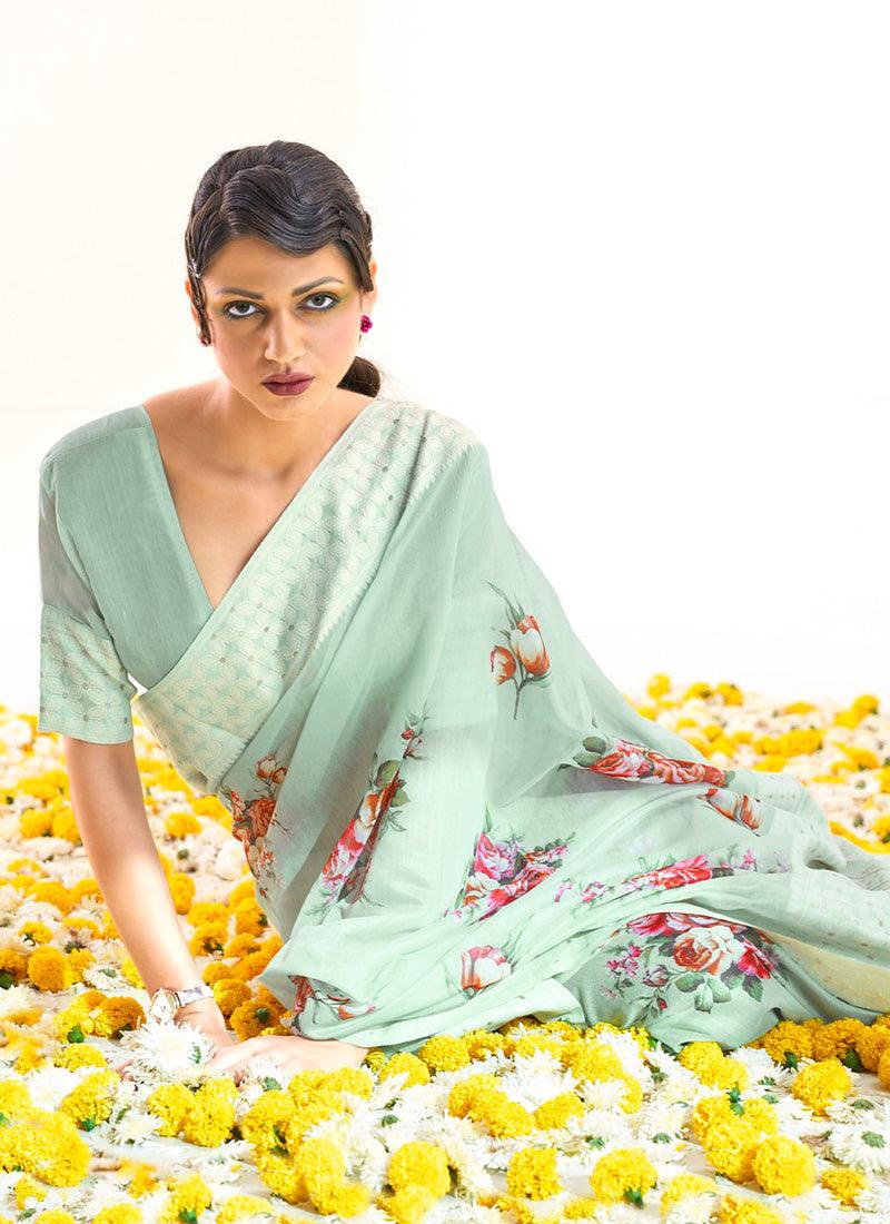 Glam Look Pale Green Color Silk Weaving Floral Print Saree Best Place To Buy