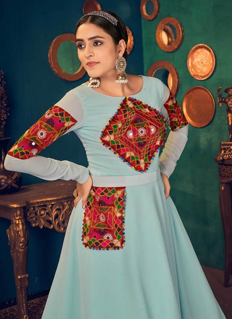 Real Mirror Work Base Navratri Wear Sky Blue Gown Discount Best Pices