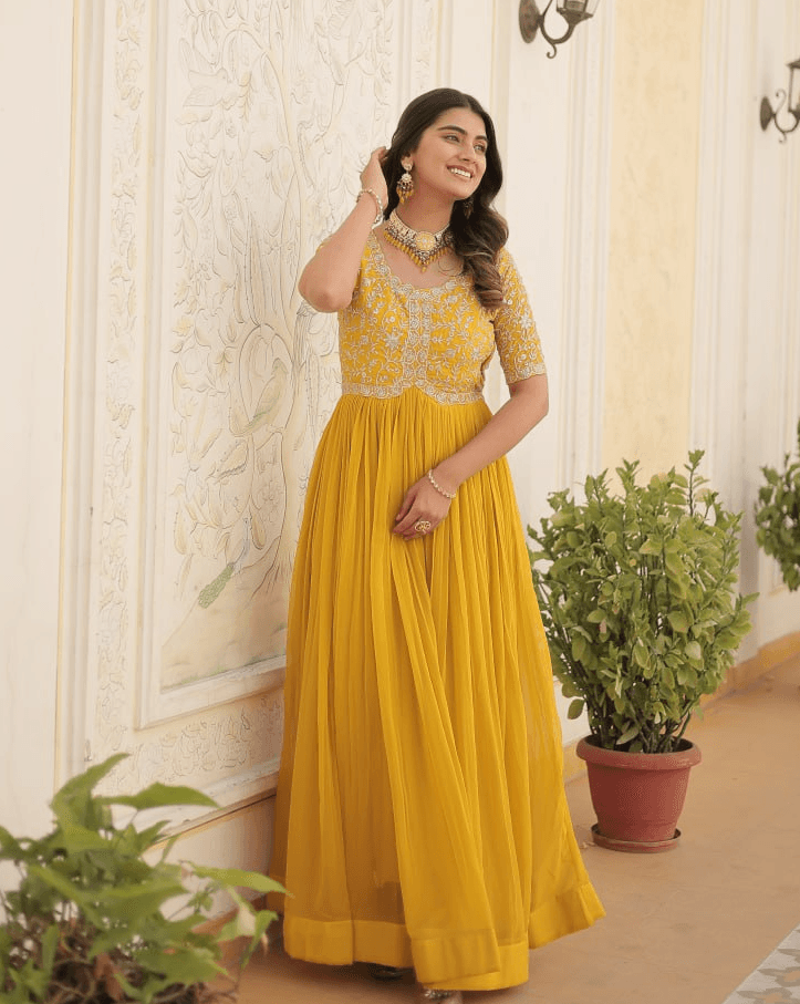 Rama georgette readymade Embroidered A-line gown Tumblr Sale Online