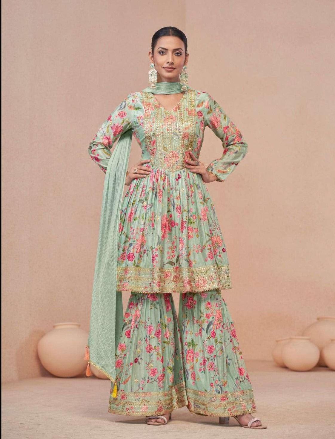 Stylish Pista Green Sequins Embroidered Floral Digital Printed Top Sharara Suit For Sale Online