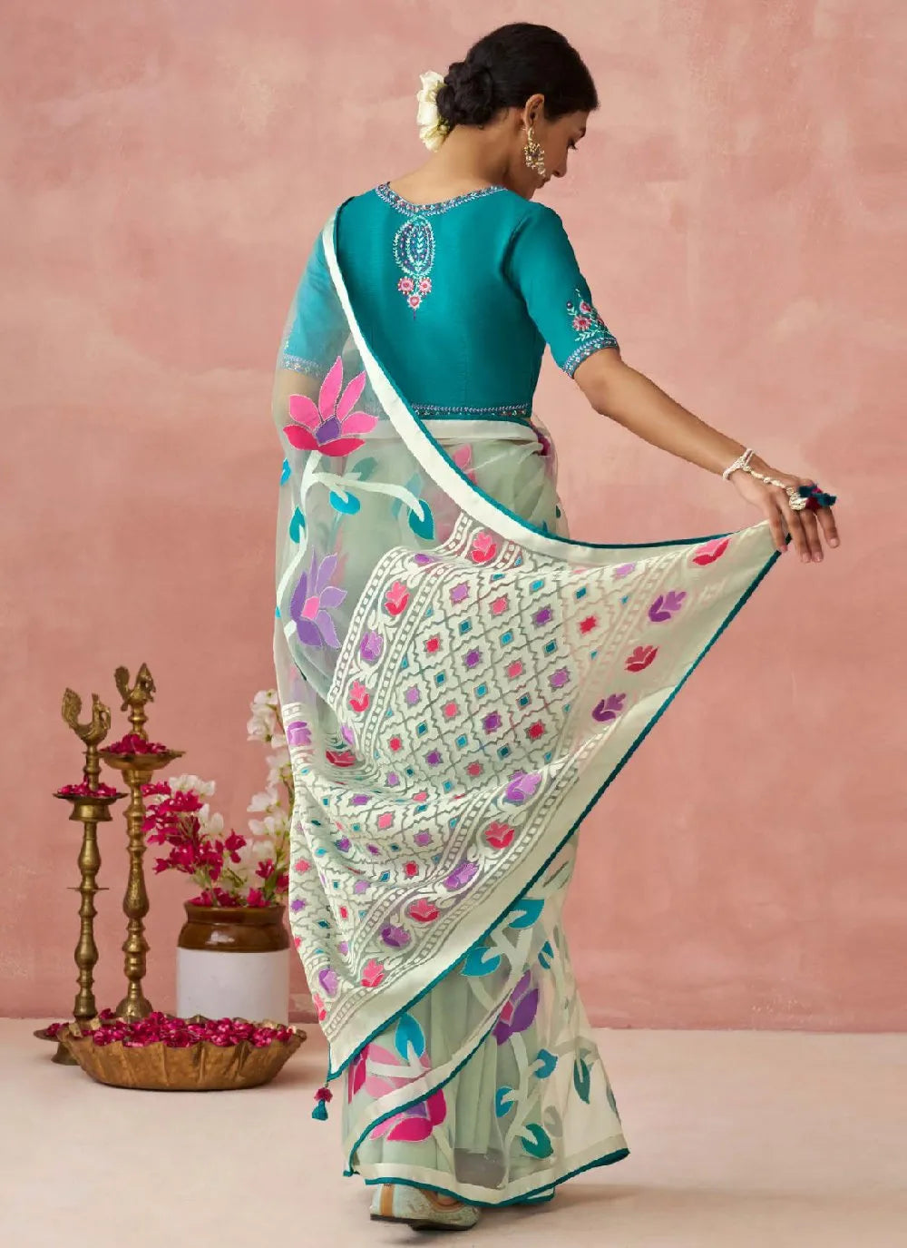 Turquoise Colored Printed Woven Worked Designer Saree Cheap Sale Sast