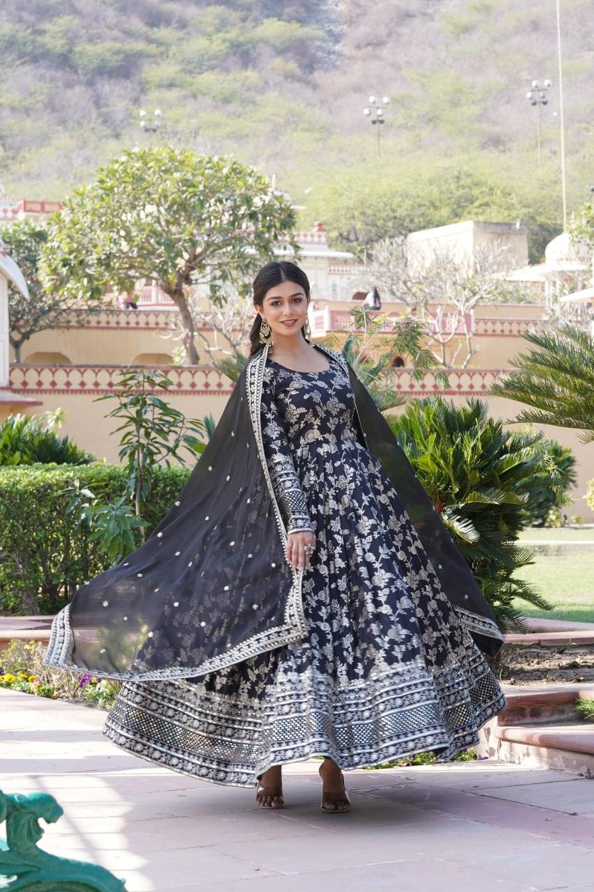 Stunning Viscous Jacquard Sequins Embroidered Worked Gown With Dupatta Clearance Store Sale Online