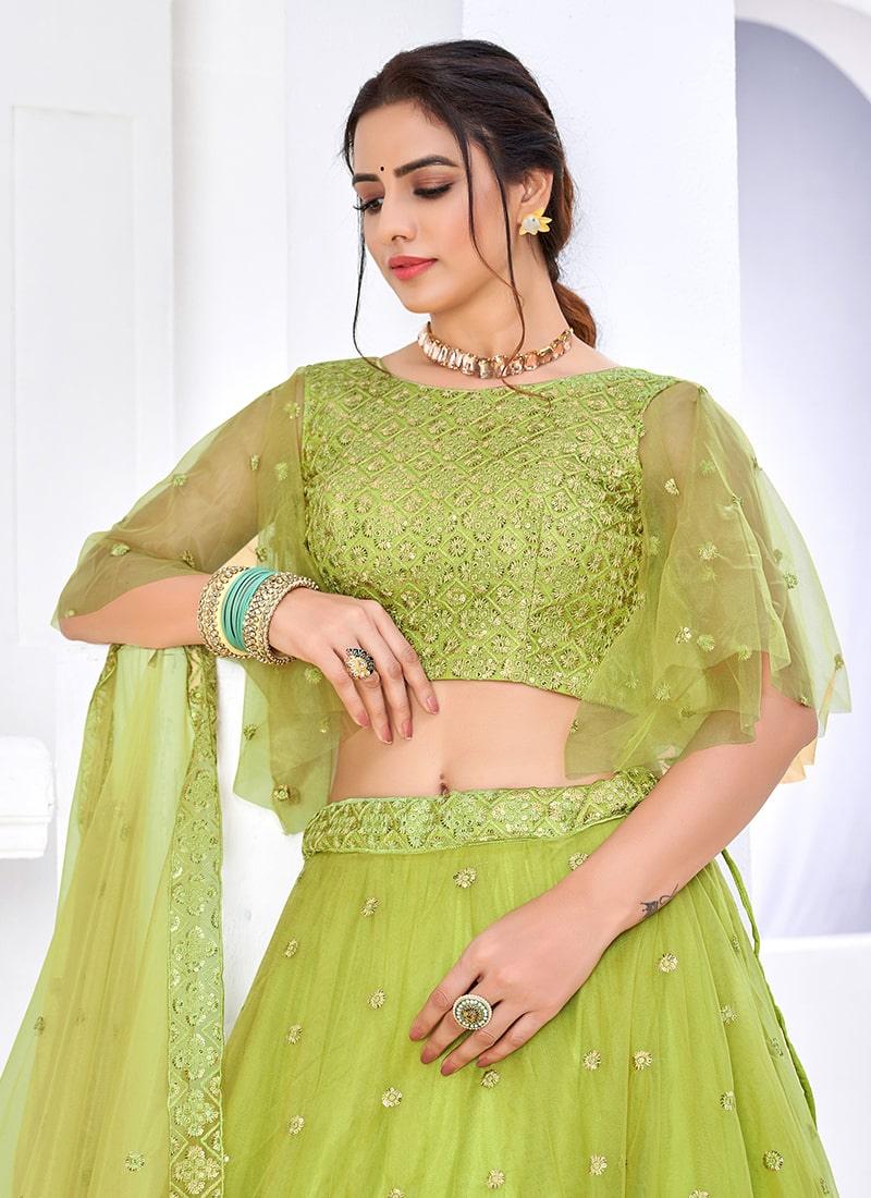 Green Color Soft Net Fabric Sequins Work A-Line Lehenga Outlet Locations Sale Online