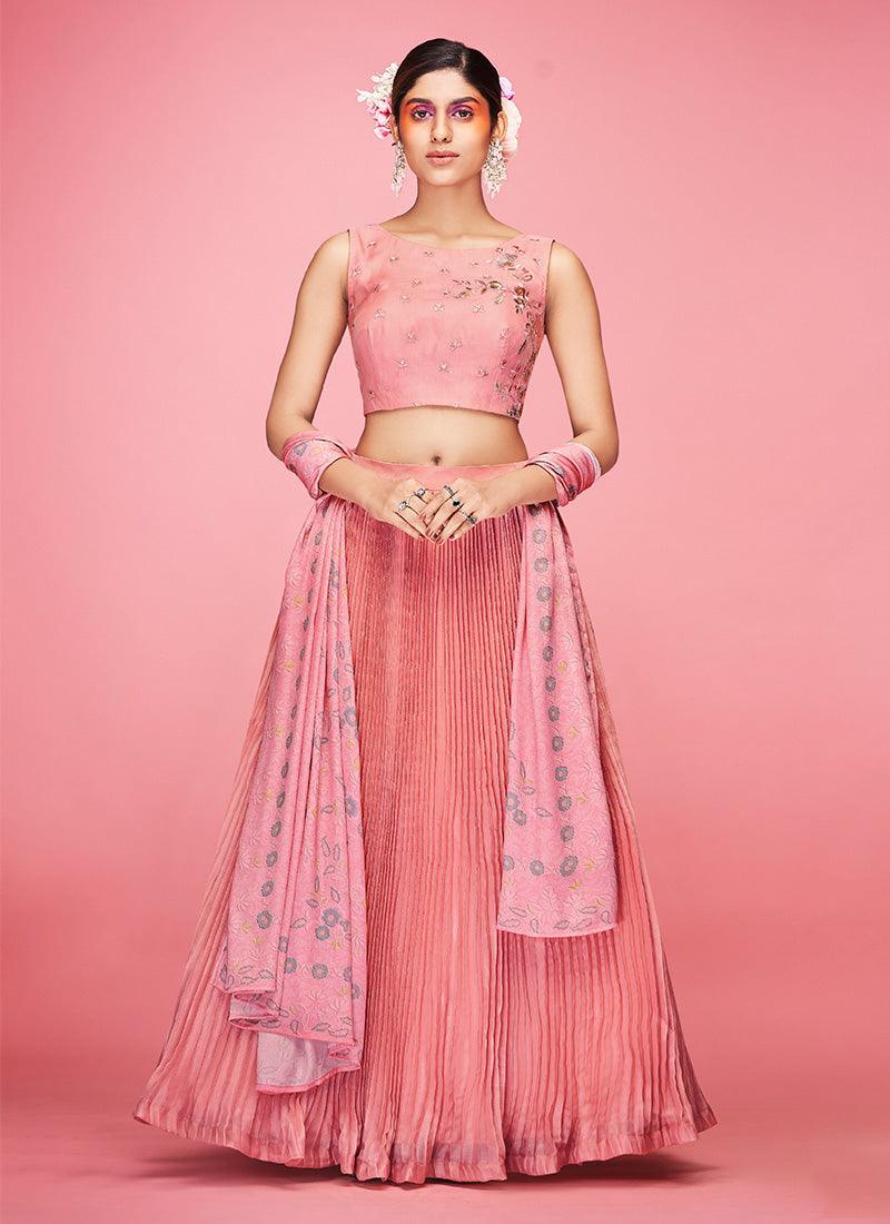 Boat Neck Peach Crushed Lehenga Choli Online For Sale