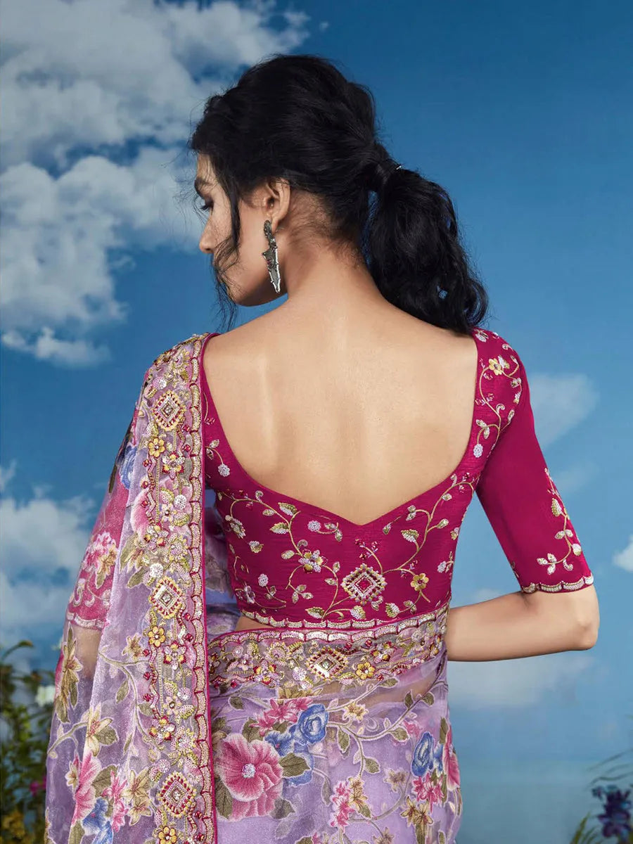 Luxurious Lavender Heavily Floral Embroidered Brasso Saree 100% Original Online