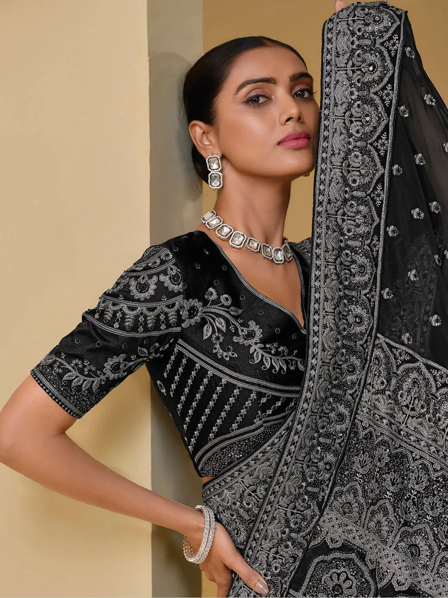 Fabulous Black Banarasi Silk Embroidered Saree Cheap Sale Pay With Paypal