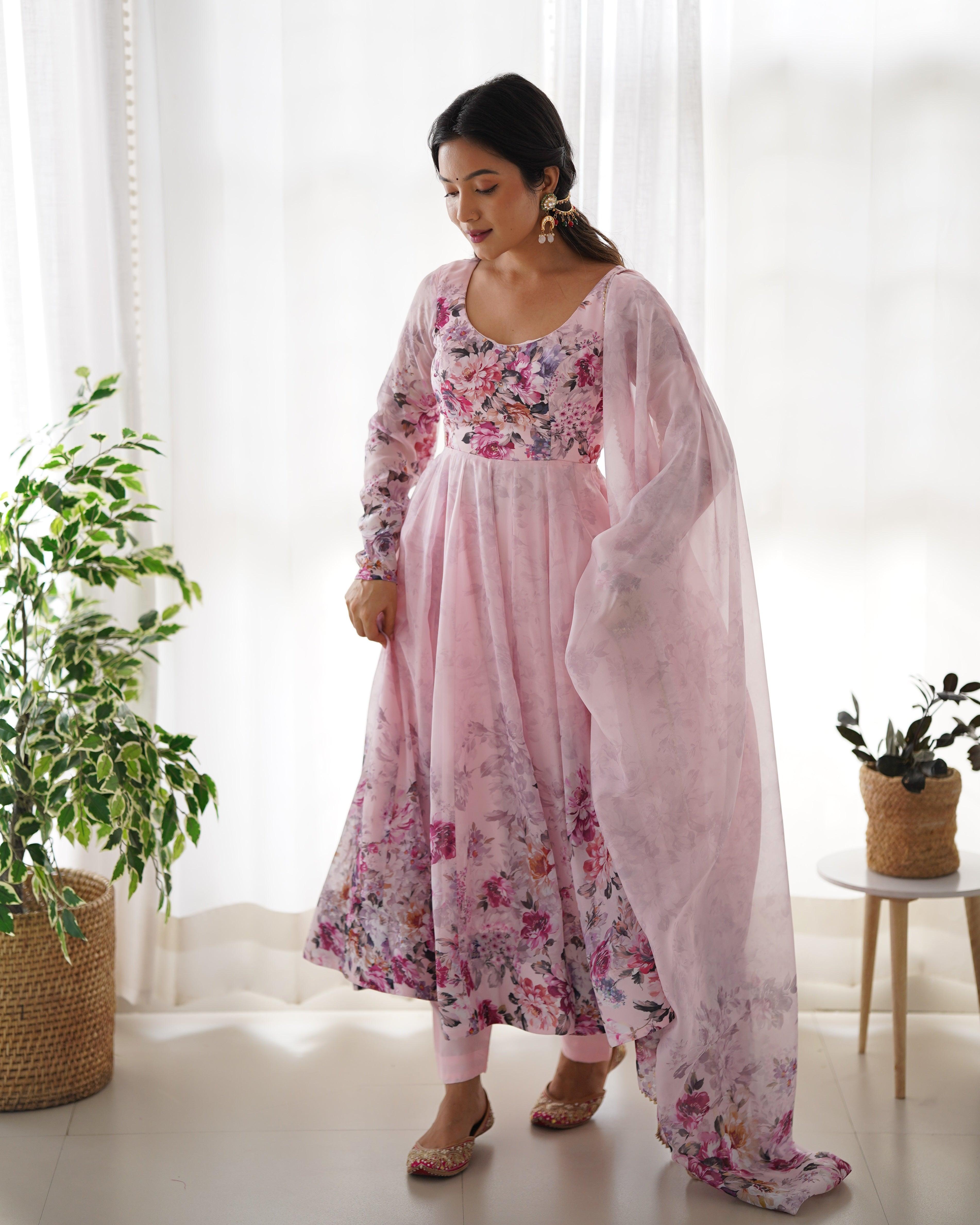 Pink Organza Printed Anarkali Suit With Dupatta Cheap Sale Buy