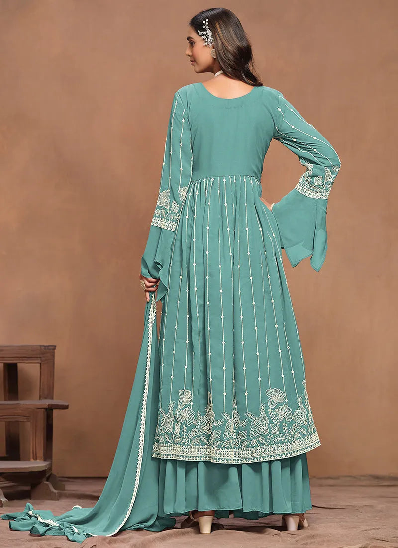 Extraordinary Aqua Blue White Embroidered Kurta Palazzo Suit Clearance Huge Surprise