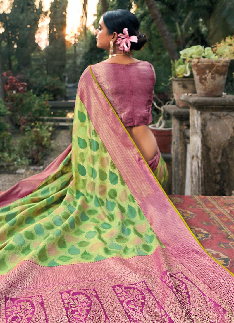 Classic Wear Printed Light Green Organza Saree Discount For Cheap