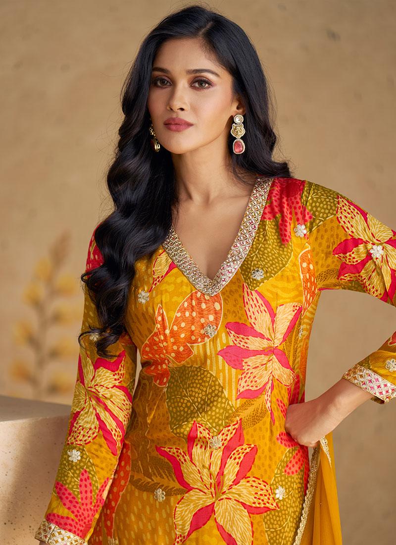 Mustard Yellow Floral Digital Printed Embroidered Top Sharara Suit Discount From China