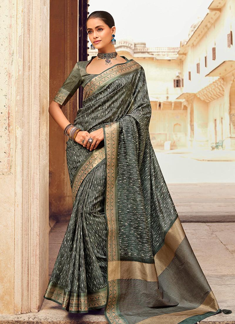 Digital Print Dark Grey Silk Saree Visit New