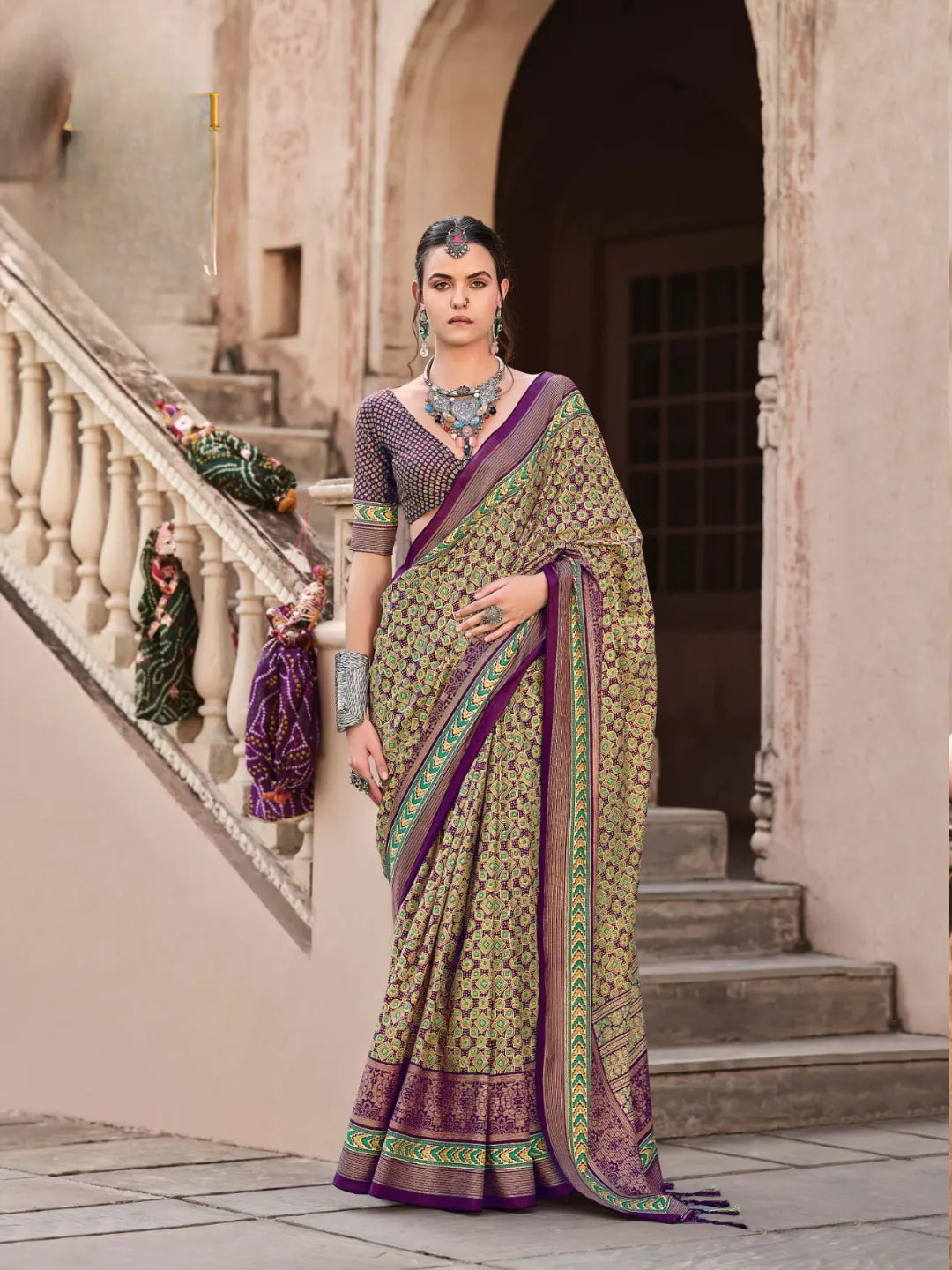 Exquisite Wine Ajrakh Printed Sigma Silk Traditional Saree Free Shipping 100% Original