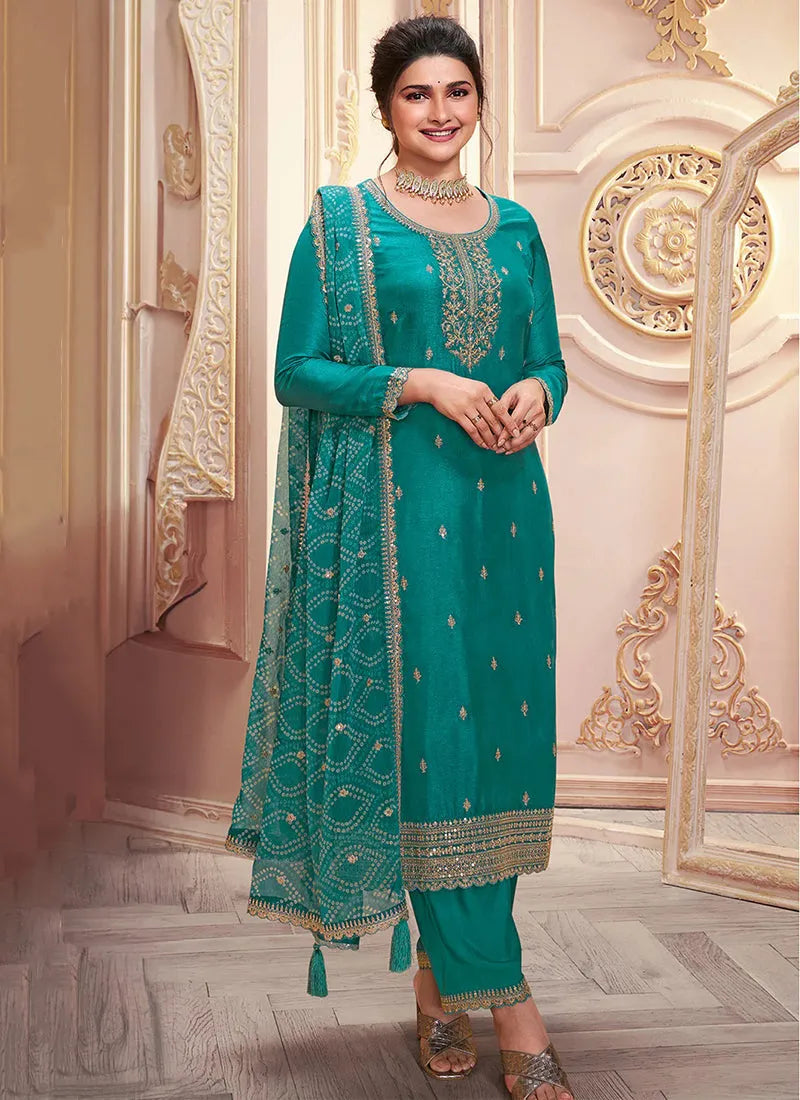 Deep Aqua Colored Georgette Silk Designer Straight Suit Nicekicks Cheap Online