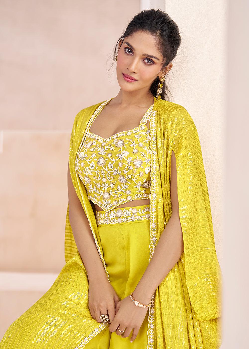 Yellow Georgette Zari Thread Sequins Worked Top Palazzo Shrug Suit Clearance Pick A Best