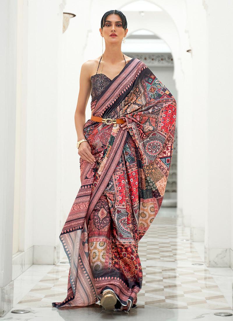 Glorious Dark Grey Color Silk Fabric Partywear Printed Saree Low Cost For Sale