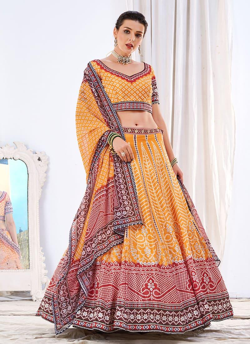 Digital Printed Deep Neckline Orange Lehenga Choli Latest