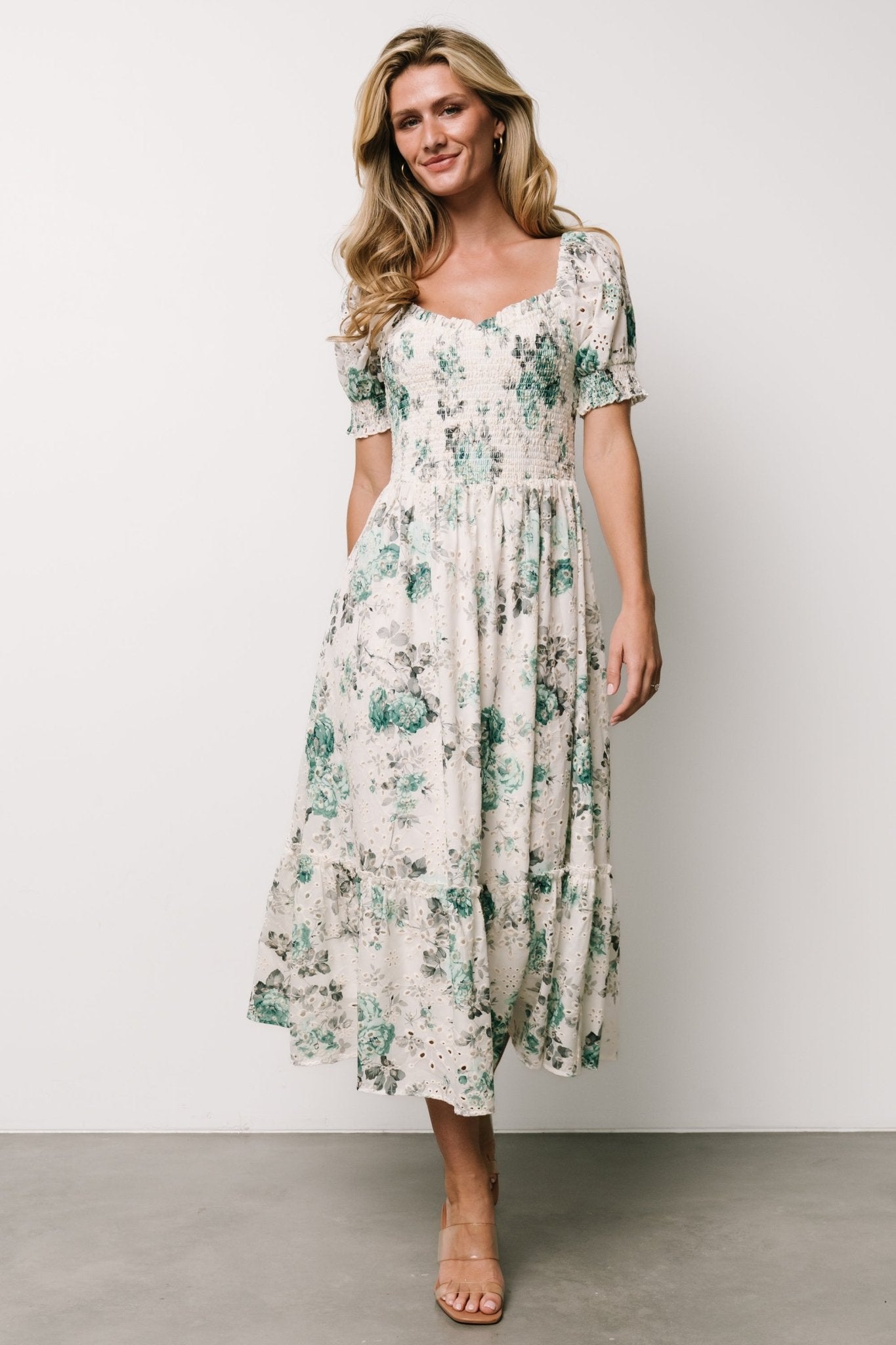 Piper Eyelet Midi Dress | Off White + Green Floral Cheap Genuine