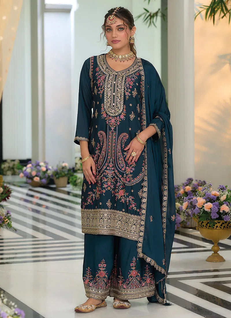 Gorgeous Turquoise Multi Embroidered Traditional Palazzo Suit Discount Latest