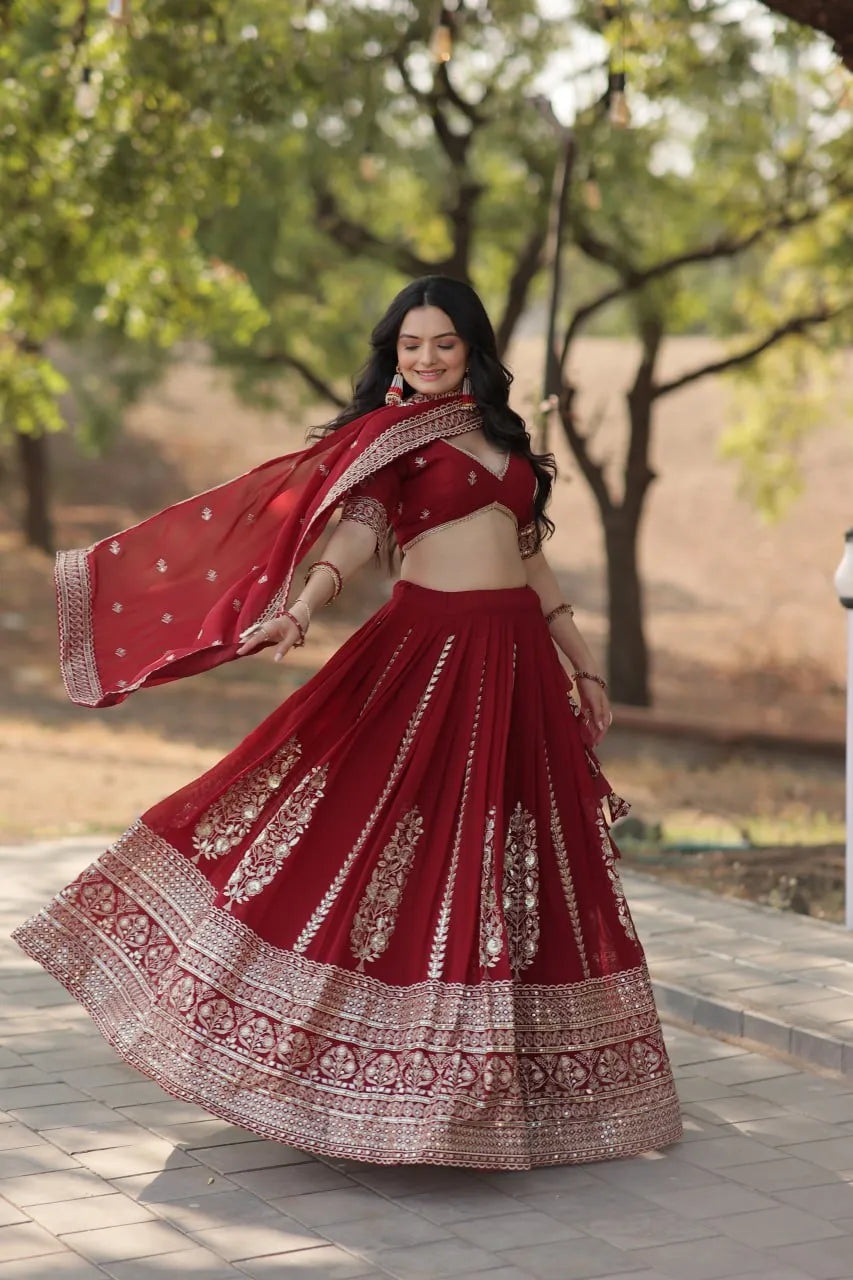 Flawless Fully Flared Maroon Georgette Embroidered Lehenga Choli Marketable Sale Online