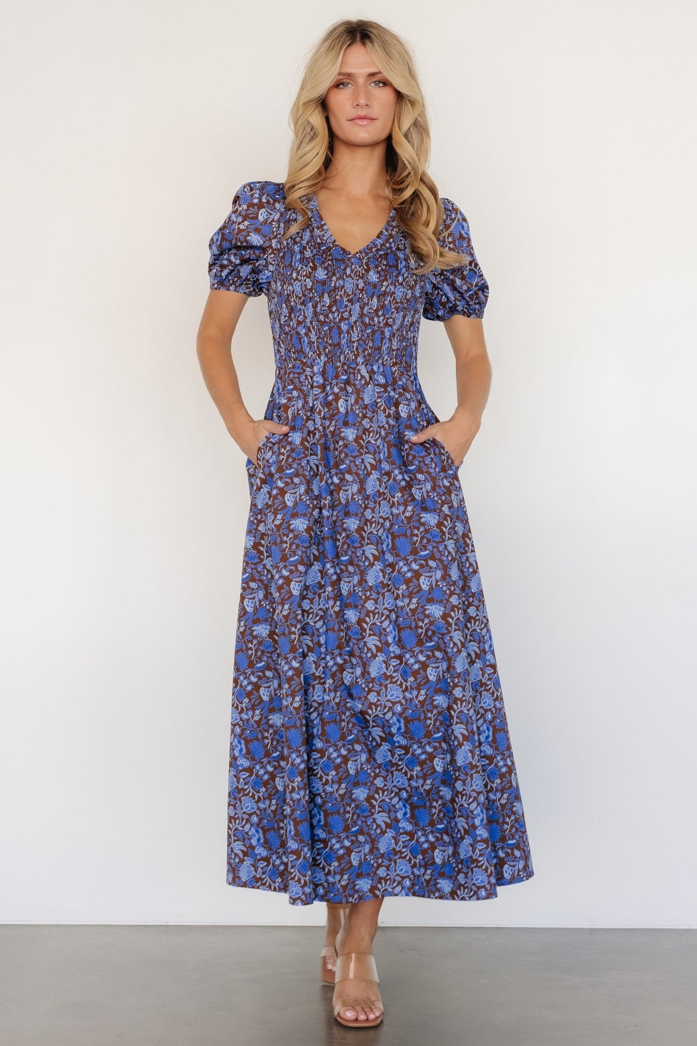 Stockton Smocked Dress | Brown + Blue Floral Visit New For Sale