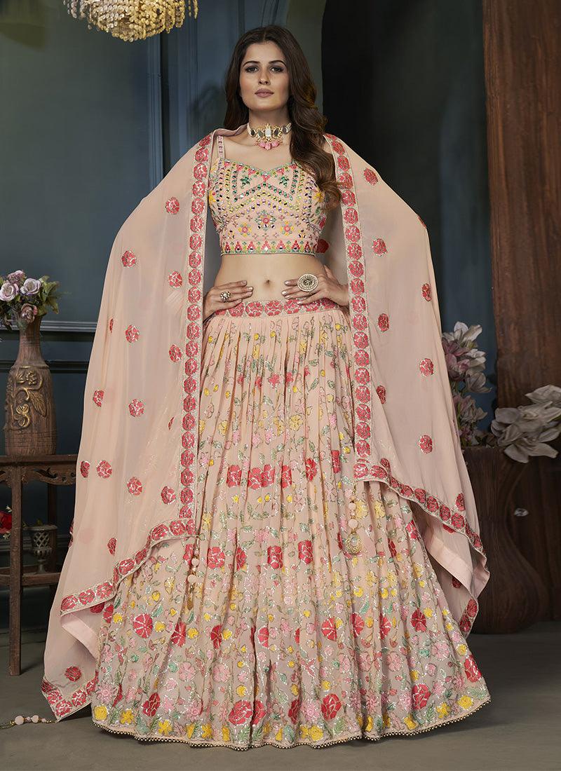 Peach Color Georgette Material Lehenga With Sequins Work Cheap Pices Authentic