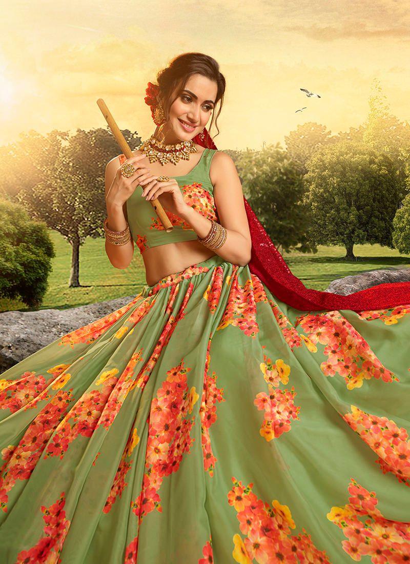 Green Organza printed Lehenga Choli with red dupatta Perfect For Sale