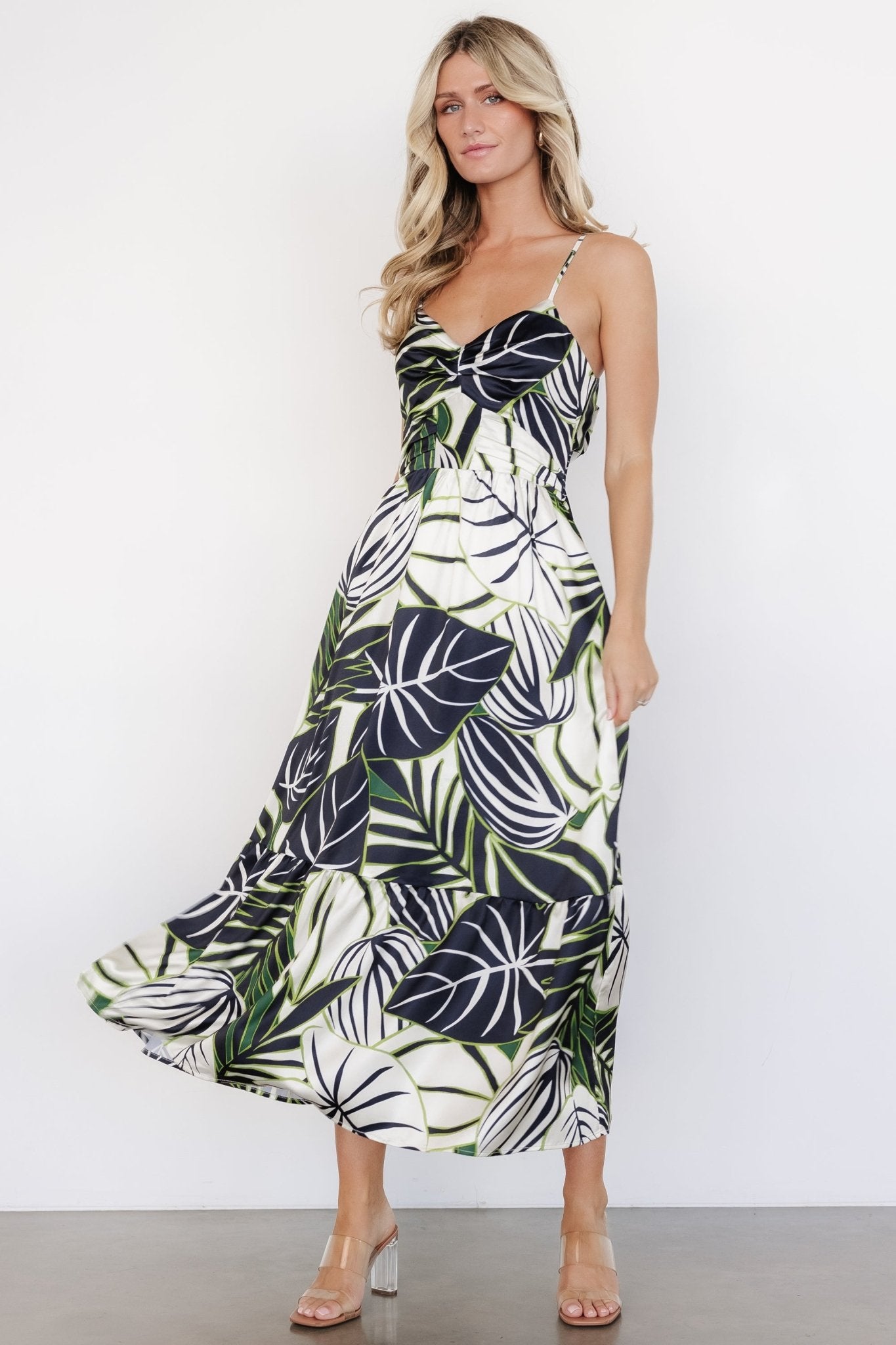 Norita Tie Back Tank Dress | Black + Green Print Popular