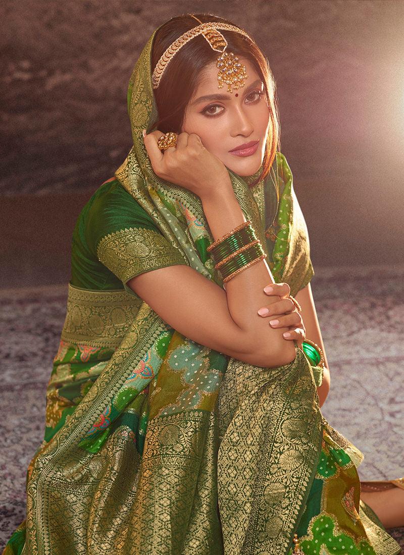 Green Color Dola Silk Weave Printed Saree Buy Cheap Best Pices