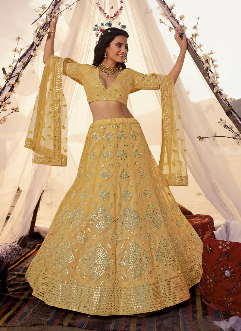 Sunshine Yellow Foil Mirror Resham Lehenga Choli Set Online Online Cheap Online