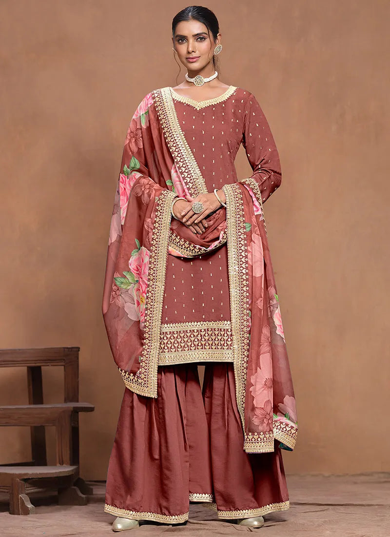 Designer Rust Red  Embroidered Silk Sharara  Suit Cheap Footlocker Finishline