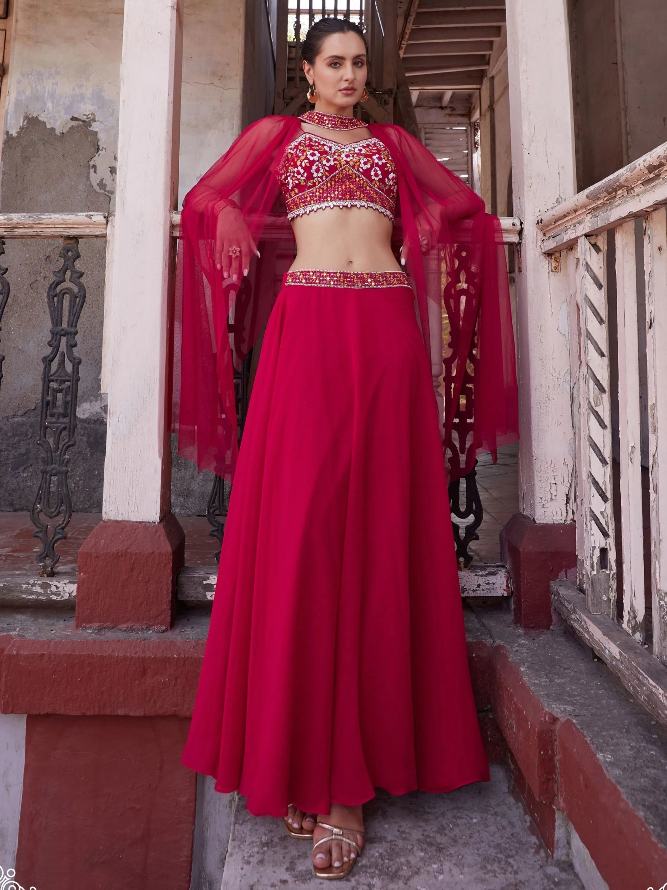 Stylish Red Floral Palazzo Suit with Embroidered Designer Top For Sale Free Shipping