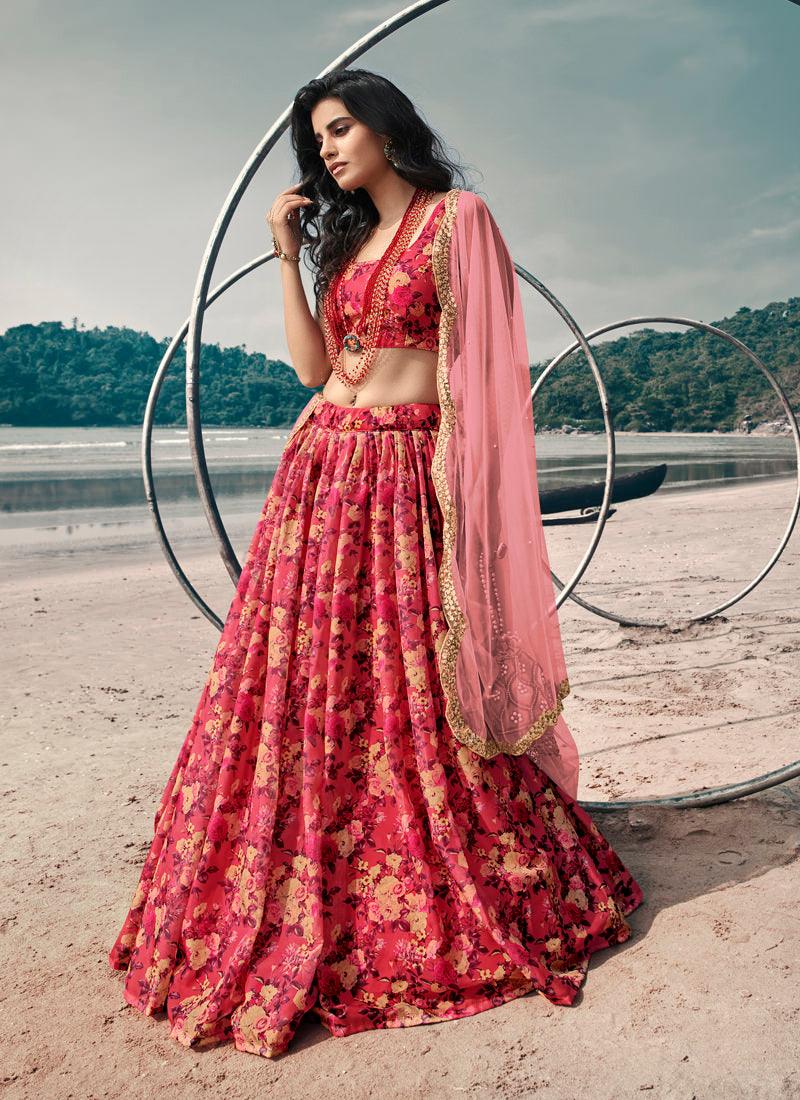 Polished Red Digital Print Organza Flared Lehenga Choli Set Clearance Online