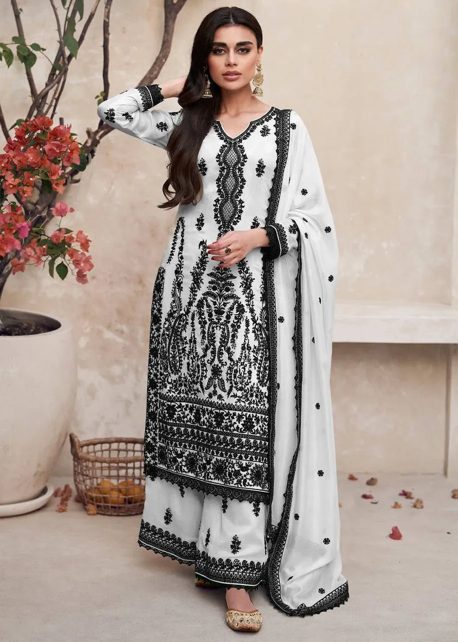 Stunning Black and White Chinon Embroidered Palazzo Suit Sale Fast Delivery