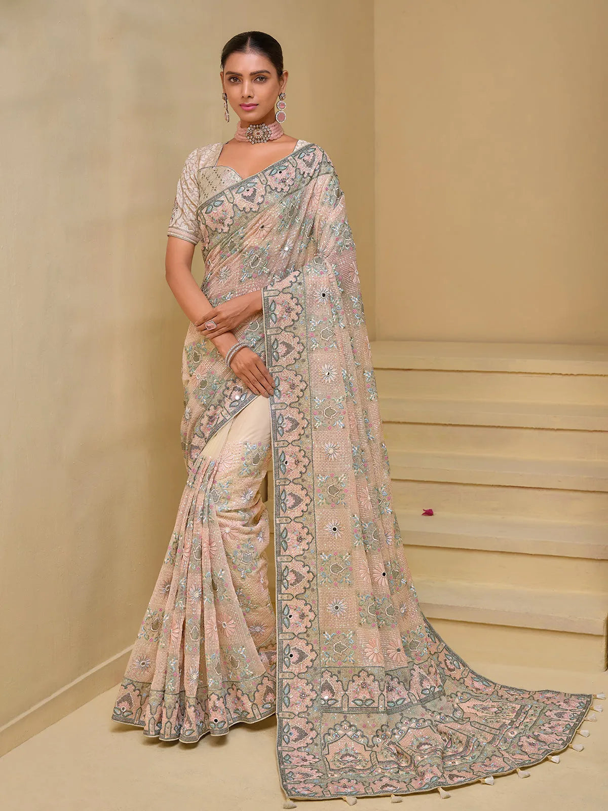 Mesmerizing Cream Banarasi Silk Embroidered Saree Buy Cheap Shop