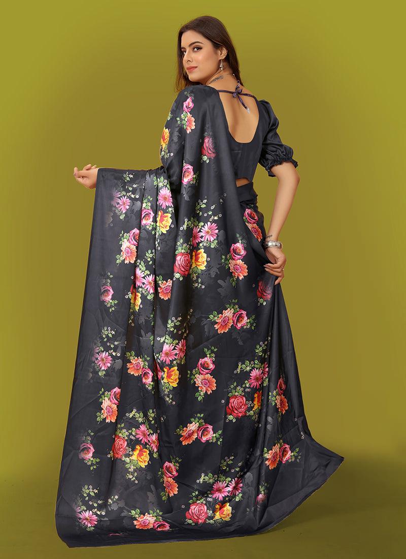 Black Color Puff Sleeves Satin Saree Discount Looking For