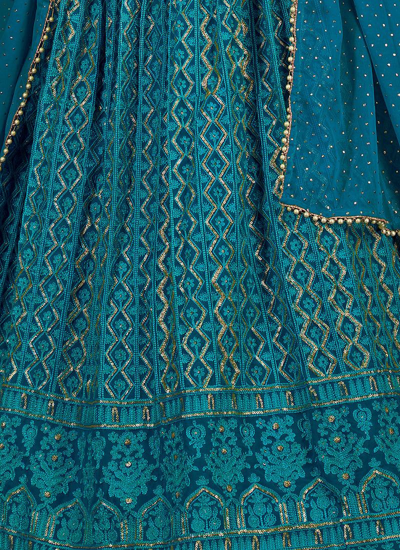 Sleeveless Rama Blue Embroidered Lehenga Low Pice Fee Shipping Online