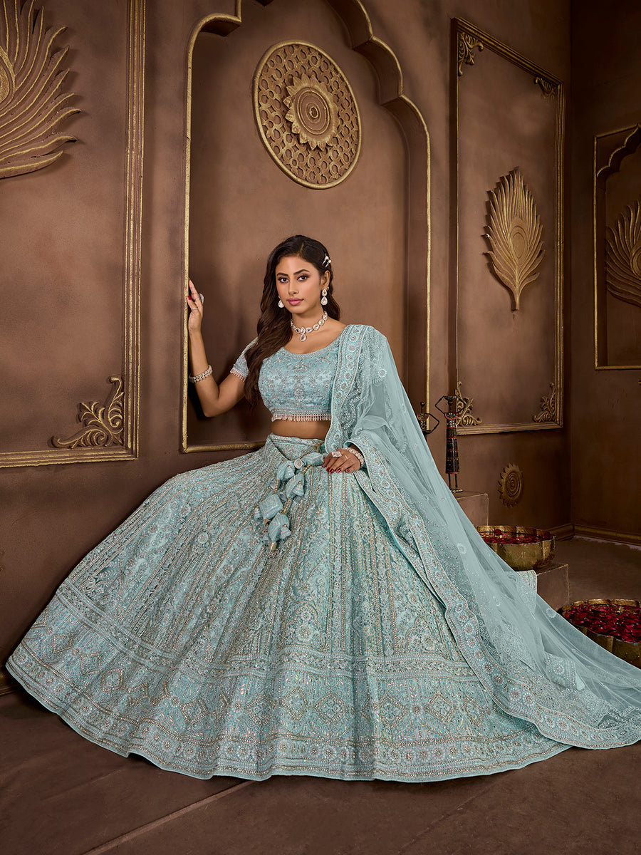 Heartwarming Sky Blue Premium Net Bridal Lehenga Choli Explore